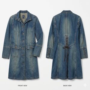 Vintage GAP 100% Cotton Long Denim Jean Jacket Trench Coat Lace Up Boho Large